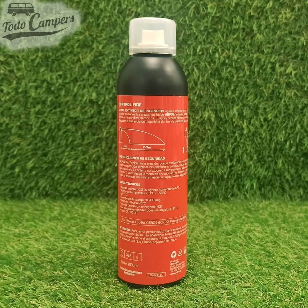 reverso del extintor en spray Control Fire