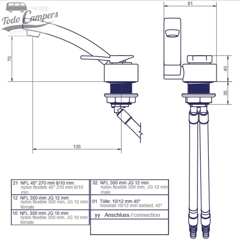 Medidas del grifo Comet Florenz Kompact