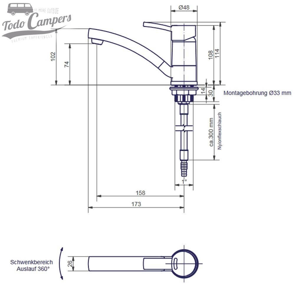 medidas da torneira de água quente Comet Capri Kompact