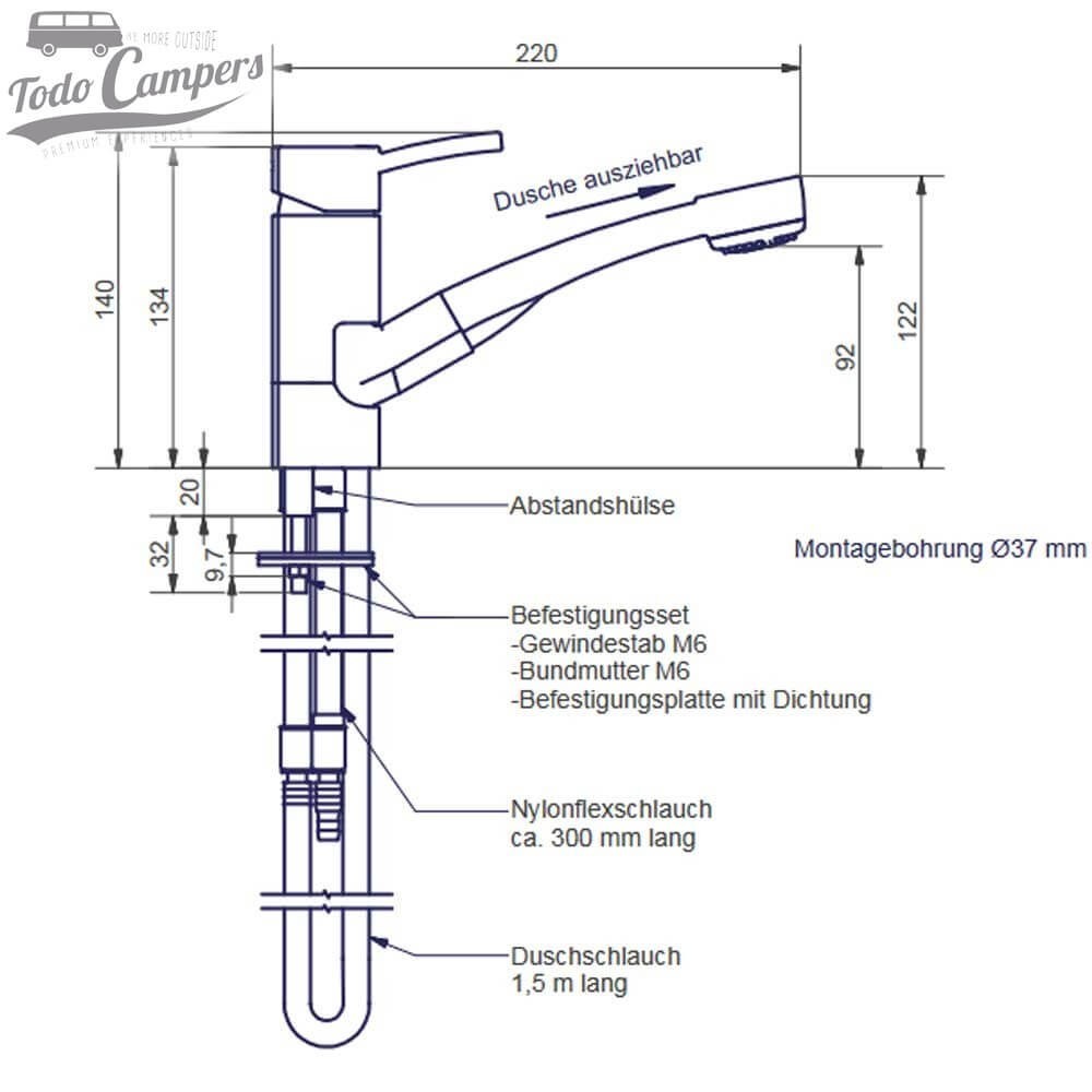 medidas da torneira com duche Comet Capri Piccina