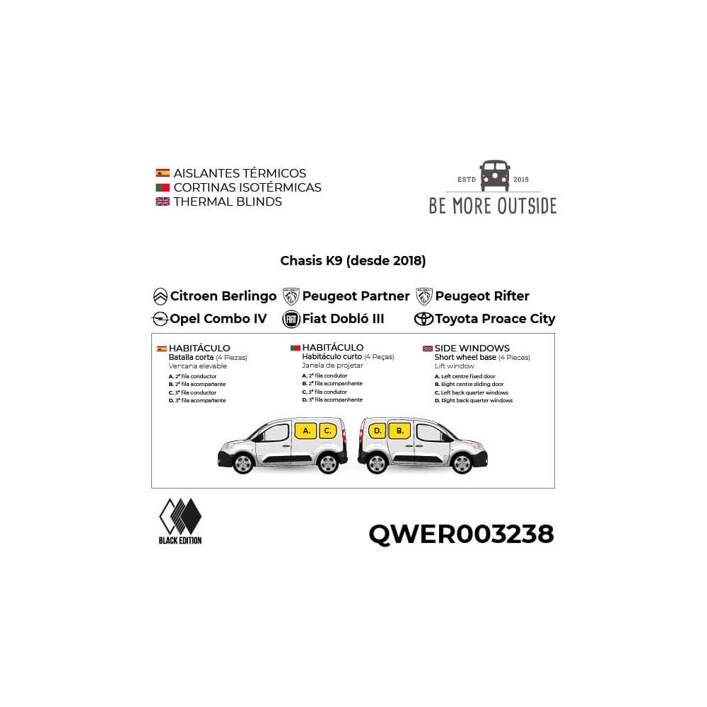 Aislantes Térmicos Black Berlingo/Partner/Rifter/Combo Desde 2018 - Habitáculo Corto Ventanas Elevables (4 Piezas)