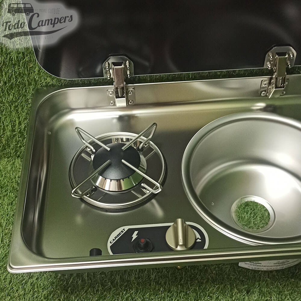 Combinación de fregadero (lado izquierdo) y placa de cocina de 1 fuego (lado derecho).