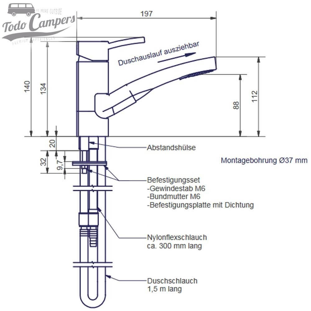 medidas del grifo con ducha Comet Capri Piccina