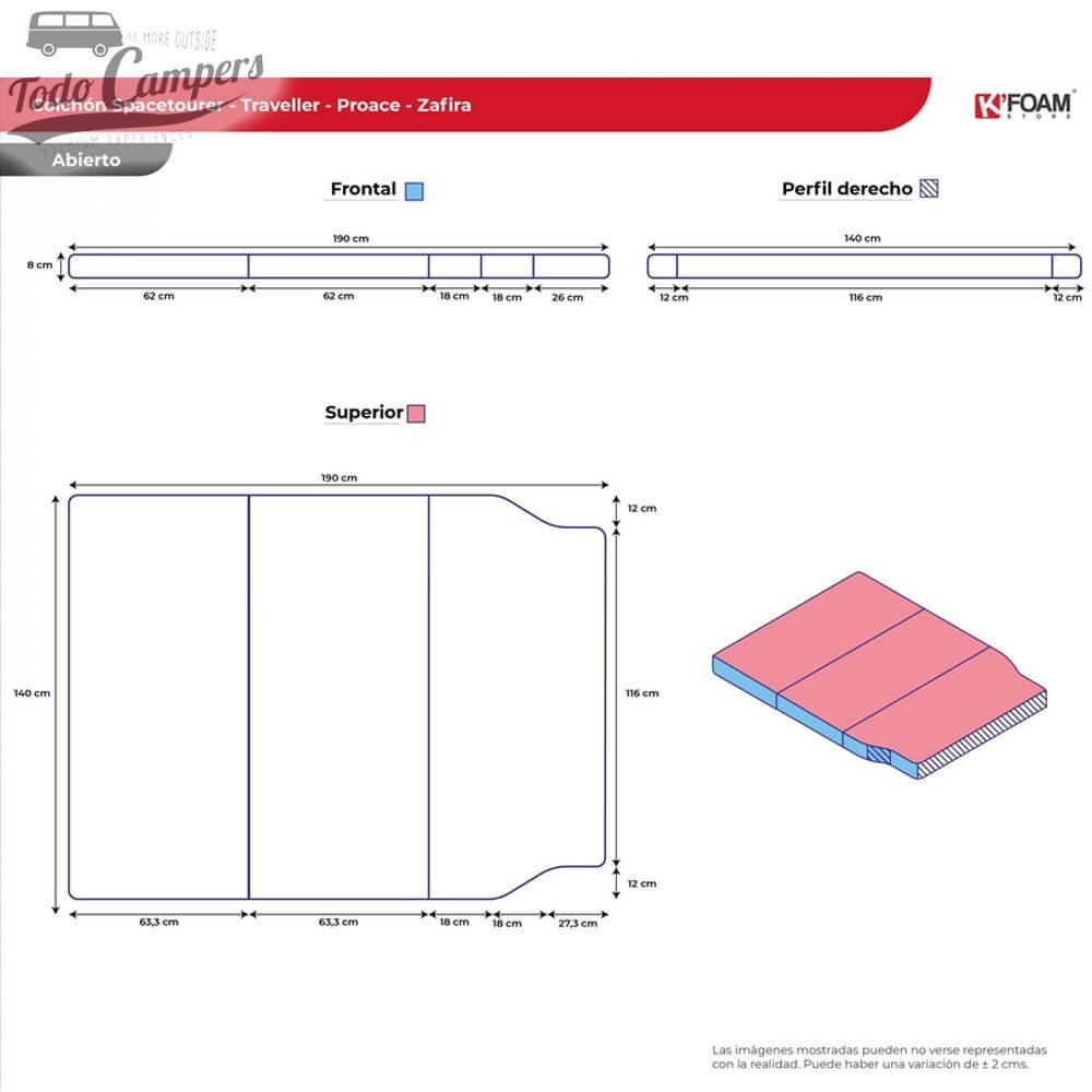 medidas colchón para furgonetas K0 190 x 140 x 8