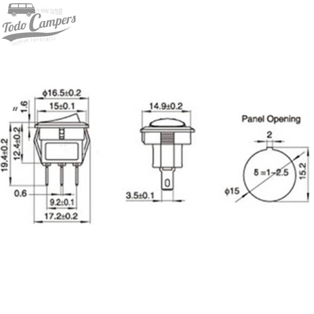Interruptor unipolar 12V led Vermelho - Plano de Medidas
