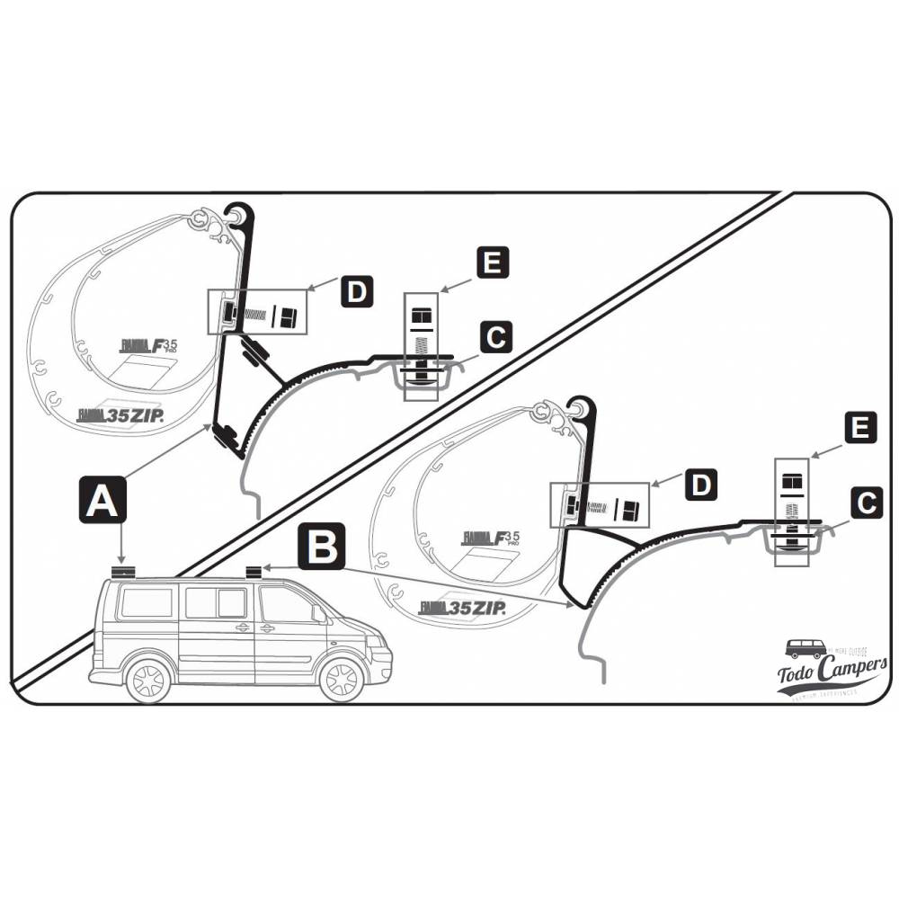 Esquema de montaje para Soporte para toldo Fiamma F35 Pro para Volkswagen T5, T6 y T6.1 desde 2003 (techos con guía)