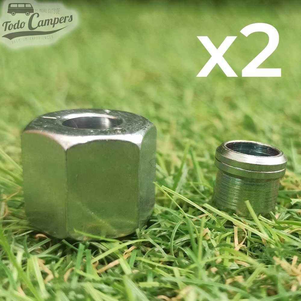 Conector recto con 2 tuercas y biconos para soldadura por compresión.