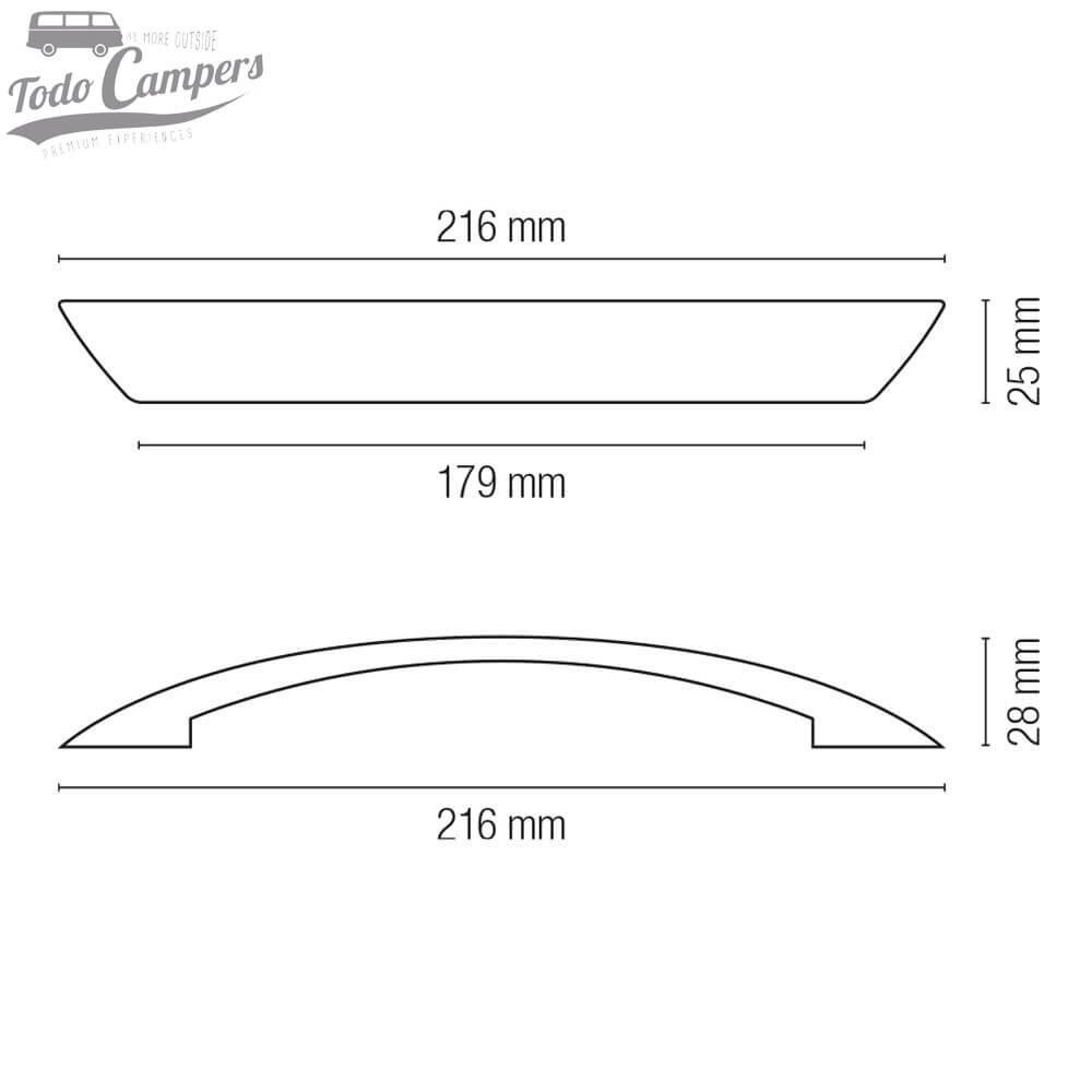 Medidas do Puxador de zamak curvo para armários e gavetas cor Cromado - 216 mm