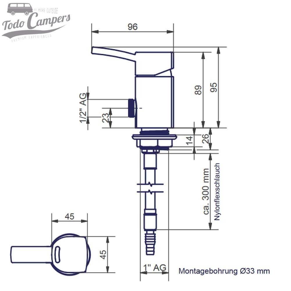 Medidas da Torneira misturadora Comet Capri com ligaço rosca para bicha de chuveiro
