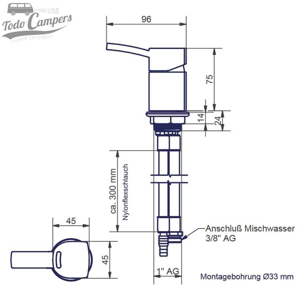 medidas del grifo undertable CAPRI de Comet