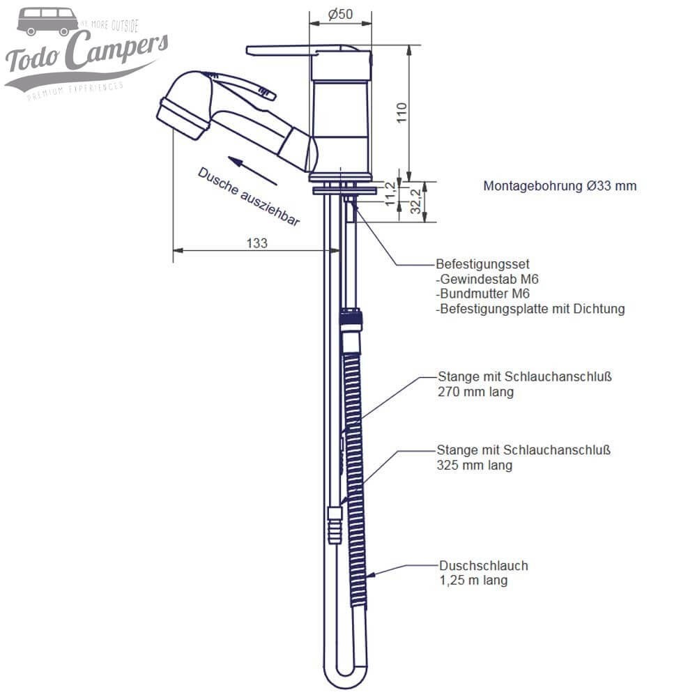 Esquema y medidas del grifo con ducha Parma