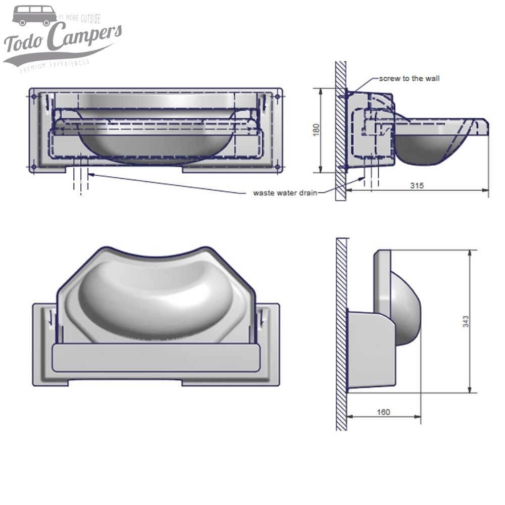 Medidas del Lavabo plegable suspendido Comet