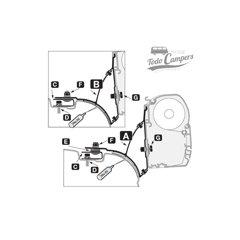 Manual de montaje de soporte para toldo Fiamma F45s para Volkswagen T5 y T6