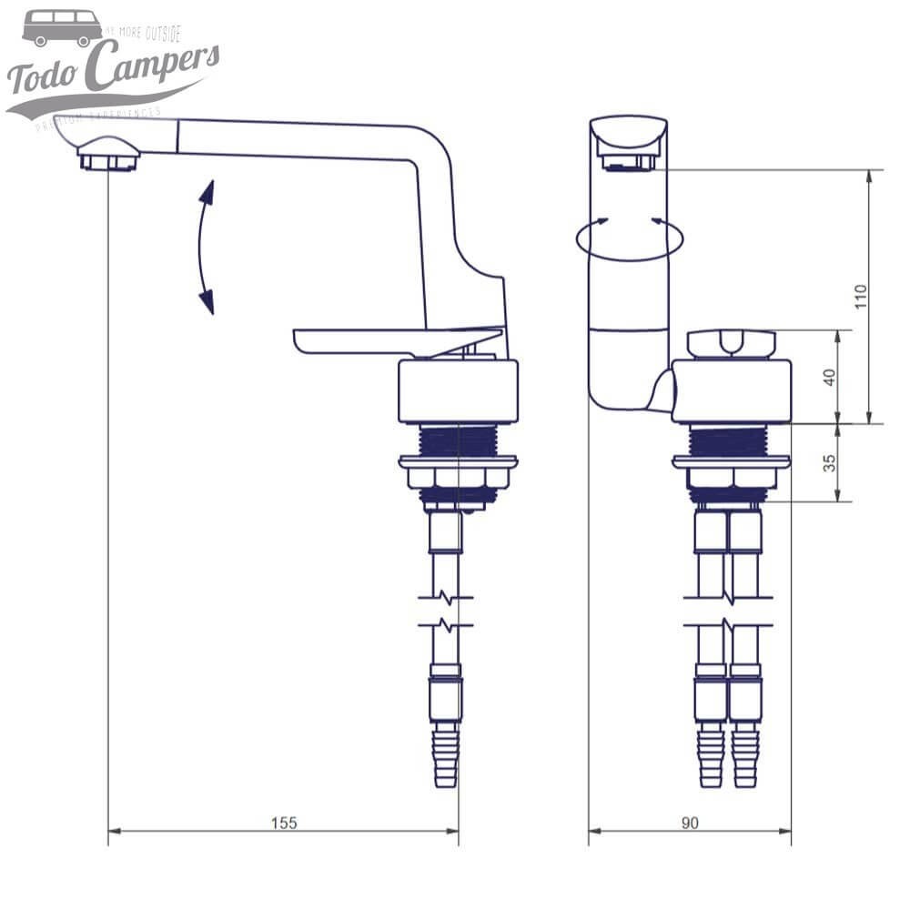 Medidas da Torneira misturadora rebatível e giratória Comet Florenz Arona - Cromado