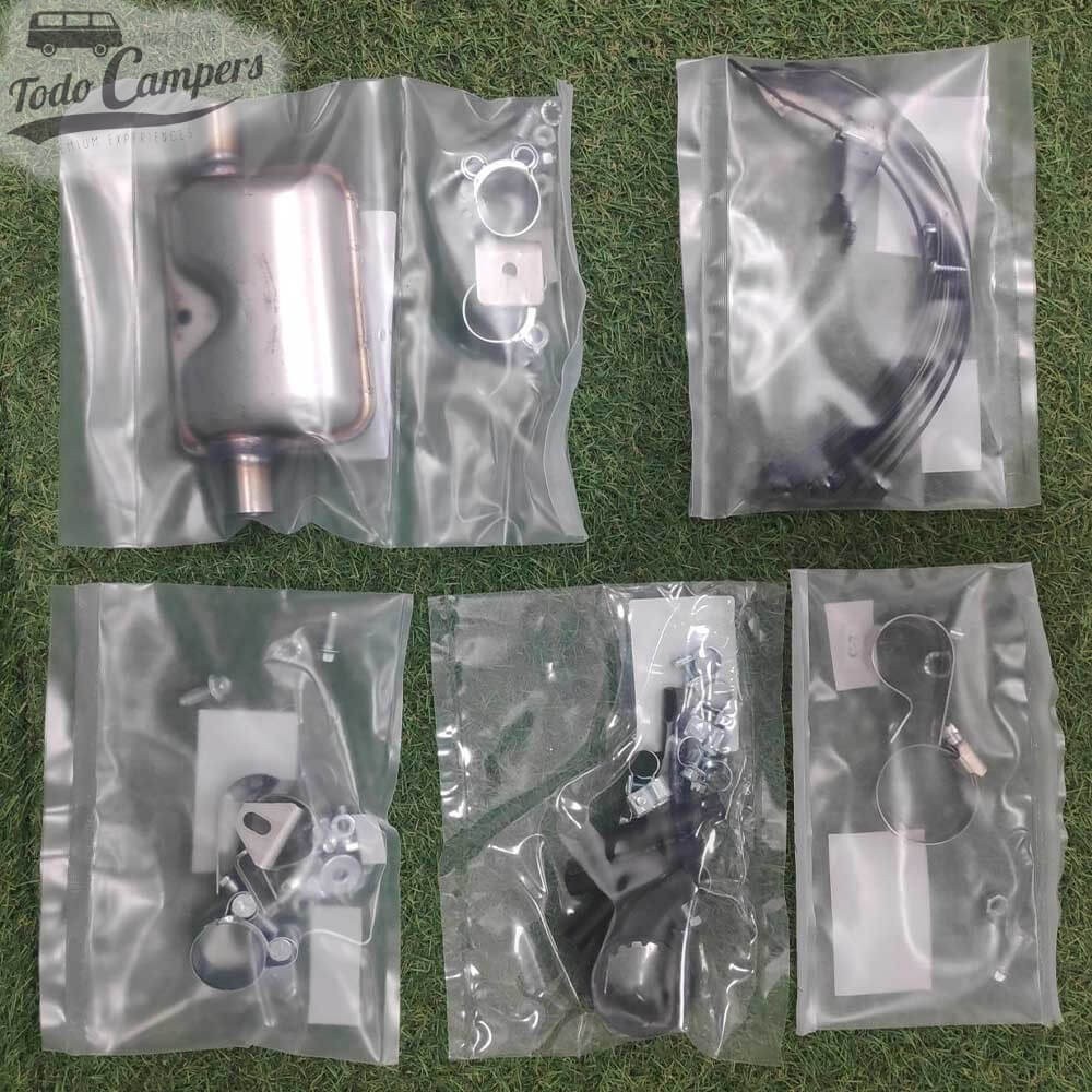 piezas de la Autoterm Air 2D: silenciador, cogidas, abrazaderas, etc.