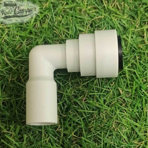 Conector en codo 90º para bomba sumergible o de paso a tubería de 12 mm con conexión John Guest