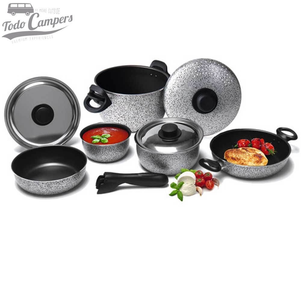 Juego de 9 piezas (3 olla, 2 sartenes, 3 tapas y 1 pinza de agarre).