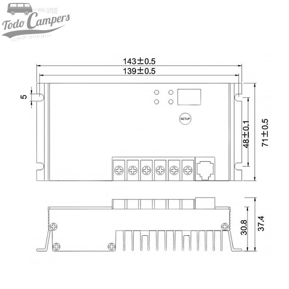 Esquema y medidas del regulador solar  MPPT