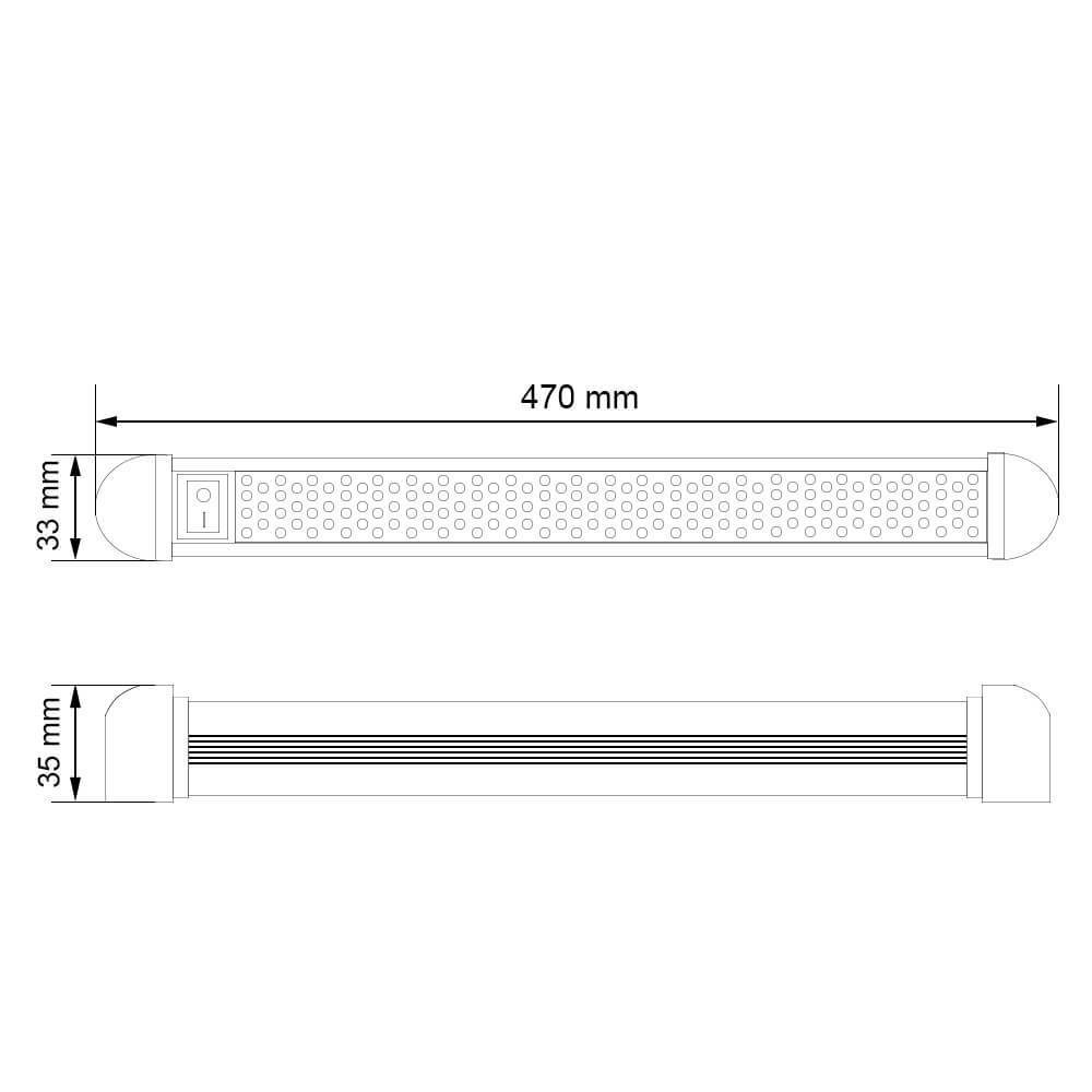 Dimensiones de la regleta led 470 x 35 x 33 mm.