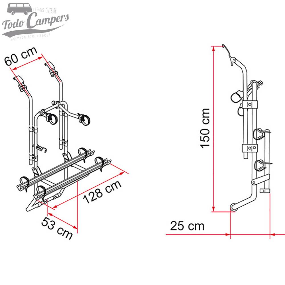 Medidas del portabicicletas para Ford Transit 2000-2013 de 2 bicis