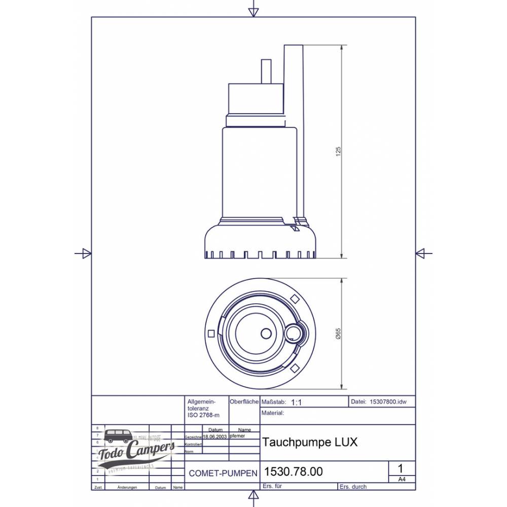 Bomba Sumergible 12v Comet Lux Plus - 16 Litros - Medidas. Bomba depósito de aguas limpias camper