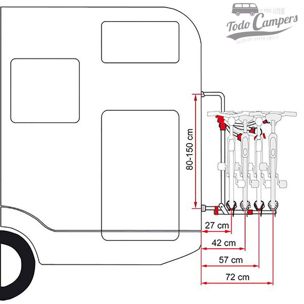 Esquema de colocación del portabicis para Autocaravanas Fiamma PRO